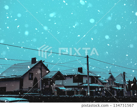 Winter Wonderland. Heavy snowfall over cozy residential houses in suburban, creating a magical atmosphere. Blizzard, wintertime snow storm. Winter Wonderland. Heavy snowfall over cozy residential houses in suburban, creating a magical atmosphere. Blizzard, wintertime snow storm. 134731567