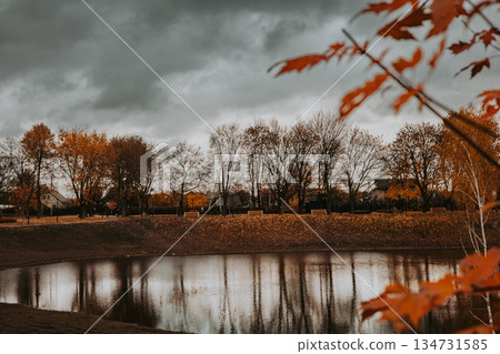 Warm autumn landscape with colorful leaves and calm lake reflecting bare trees under dramatic sky. Fall season mood, countryside, nature reflection Warm autumn landscape with colorful leaves and calm lake reflecting bare trees under dramatic sky. Fall season mood, countryside, nature reflection 134731585