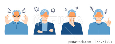 描繪面露怒容的普通老年男女上半身的插圖。扁平化設計。 134731794