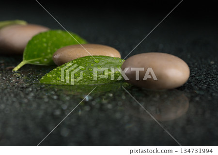 Zen Stones and Green Leaves with Water Droplets on Dark Surface Zen Stones and Green Leaves with Water Droplets on Dark Surface 134731994