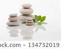 Stacks of Balanced Stones with Green Leaves on White Background 134732019
