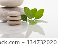 Zen Stones Stacked with Fresh Green Leaves on White Background 134732020