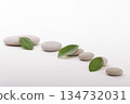 Arrangement of smooth stones and fresh green leaves on white 134732031
