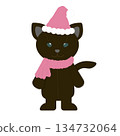 一幅聖誕插畫，一隻戴著粉紅色聖誕帽的黑貓 134732064