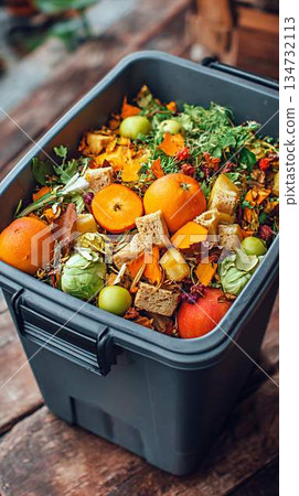 Compost bin overflowing with colorful food scraps, leaves, and organic materials, highlighting eco-friendly practices and the importance of recycling in a natural setting 134732113