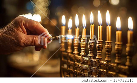Hand carefully places candle into ornate menorah, surrounded by glowing flames, creating a warm ambiance that captures the spirit of Hanukkah celebrations Hand carefully places candle into ornate menorah, surrounded by glowing flames, creating a warm ambiance that captures the spirit of Hanukkah celebrations 134732115