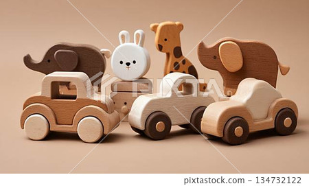 Collection of wooden toy animals and cars displayed on a soft brown surface, emphasizing natural materials and imaginative play for children and educational development Collection of wooden toy animals and cars displayed on a soft brown surface, emphasizing natural materials and imaginative play for children and educational development 134732122