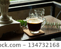 Hot black coffee in the glass cup ready to drink in the breakfast time 134732168