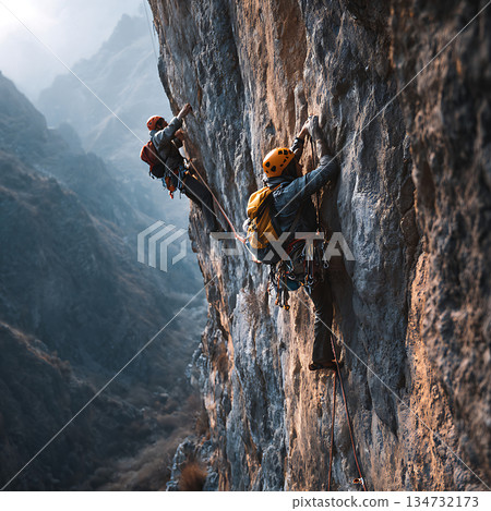 天空下，攀岩者正在攀登陡峭的岩壁。 134732173