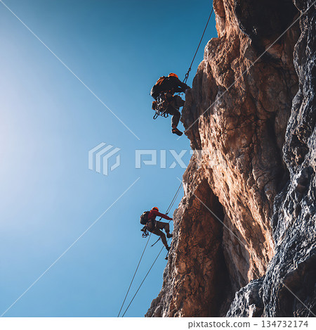 天空下，攀岩者正在攀登陡峭的岩壁。 134732174