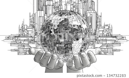 一隻手握著一個球體，象徵城市和科技。 134732283
