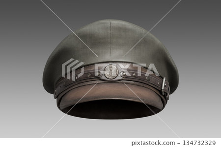 Vintage Military Officer Peaked Cap with Insignia. 3D Rendering. 134732329
