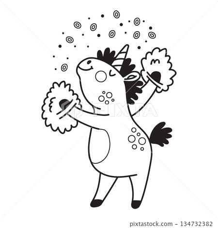 Cute cartoon unicorn cheerleader coloring vector illustration 134732382