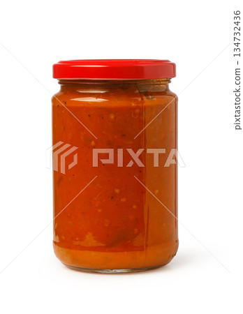 Tomato pasta sauce jar with red lid isolated 134732436