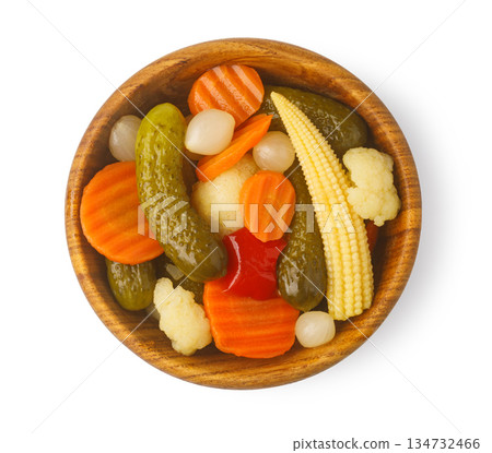 Pickled vegetables giardiniera mix in wooden bowl 134732466