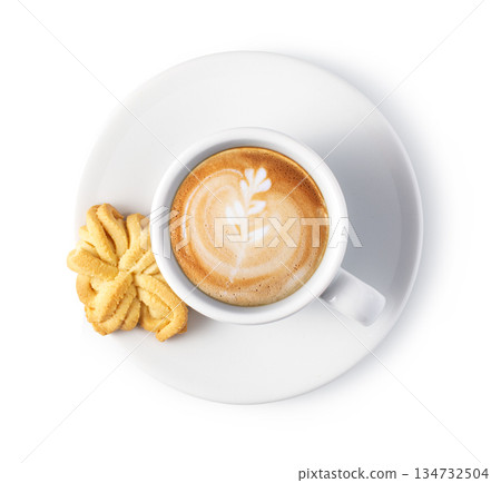 Cappuccino with latte art and biscuit on white background Cappuccino with latte art and biscuit on white background 134732504