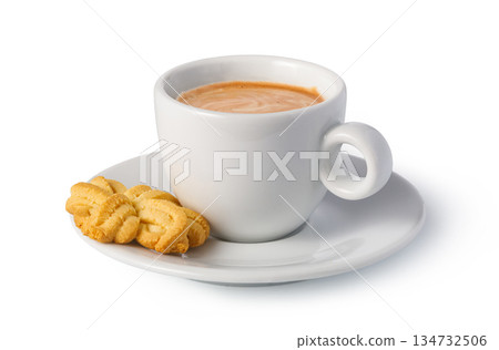 Espresso coffee cup with biscotti cookie on saucer Espresso coffee cup with biscotti cookie on saucer 134732506