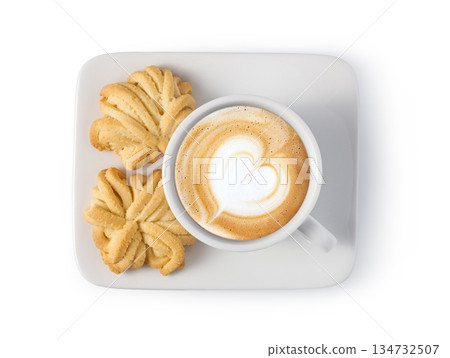 Cappuccino with heart latte art and butter cookies Cappuccino with heart latte art and butter cookies 134732507