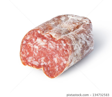 Salami sausage cut piece on white background 134732583