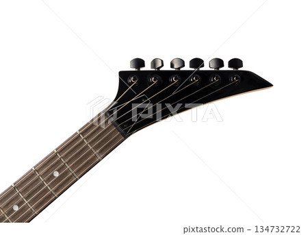 Black electric guitar headstock and neck with strings on white Black electric guitar headstock and neck with strings on white 134732722