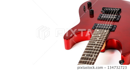 Red electric guitar body and neck on white background 134732723