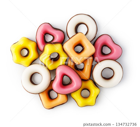 Colorful iced cookies in various shapes on white background Colorful iced cookies in various shapes on white background 134732736