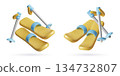 3D skis and poles yellow and blue dynamic icons in a cute minimal plastic style isolated on white  134732807