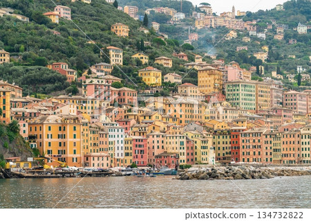 Colorful Waterfront Houses and Harbor Lighthouse in Camogli, Italian Riviera Colorful Waterfront Houses and Harbor Lighthouse in Camogli, Italian Riviera 134732822