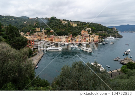 Panoramic top view of the harbor and colorful waterfront Portofino, Italy. 134732833