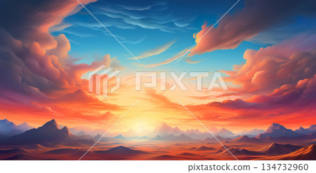 beautiful dramatic sunset over desert, cloudy sky and rocky mountains 134732960