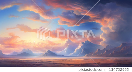 beautiful dramatic sunset over desert, cloudy sky and rocky mountains beautiful dramatic sunset over desert, cloudy sky and rocky mountains 134732965
