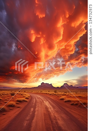 beautiful dramatic sunset over desert, cloudy sky and rocky mountains 134732973