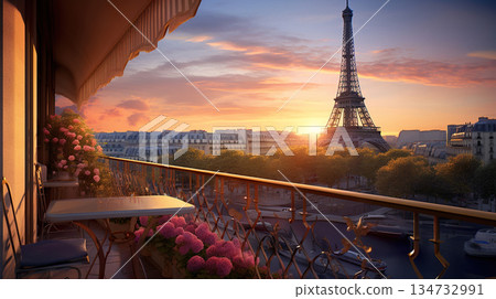 terrace or balcony with Eiffel tower view at sunset, romantic vacation at Paris 134732991