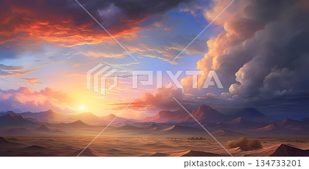 beautiful dramatic sunset over desert, cloudy sky and rocky mountains 134733201