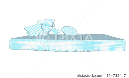 從側面可以看到淺藍色的床罩、床墊和枕頭。 從側面可以看到淺藍色的床罩、床墊和枕頭。 134733447