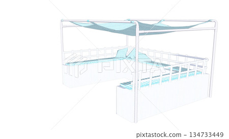 Illustration of a bench cushion with a sunshade seen from an angle Illustration of a bench cushion with a sunshade seen from an angle 134733449