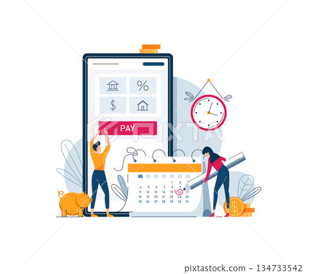 Monthly payment vector illustration. Man and woman pay regular payments online and make notice in calendar. Keep up with monthly payments concept Monthly payment vector illustration. Man and woman pay regular payments online and make notice in calendar. Keep up with monthly payments concept 134733542