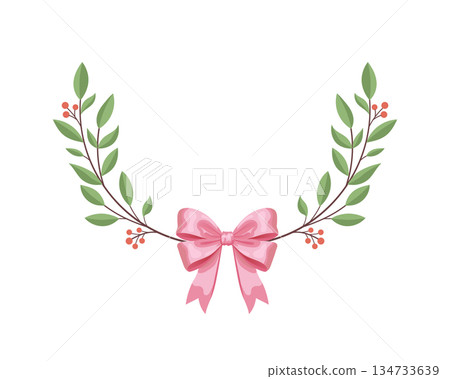 Elegant floral wreath illustration with green leaves, small berries, and a soft pink ribbon bow, perfect for invitations and decor. Elegant floral wreath illustration with green leaves, small berries, and a soft pink ribbon bow, perfect for invitations and decor. 134733639