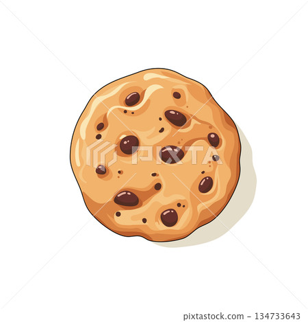 Cute chocolate chip cookie illustration with golden baked texture and glossy chips, isolated on white background, perfect for bakery designs. 134733643