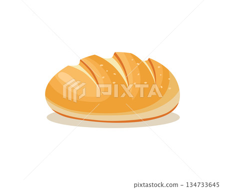 A flat vector illustration of a golden brown bread loaf with soft shading, smooth texture, and a clean, modern design on white. 134733645