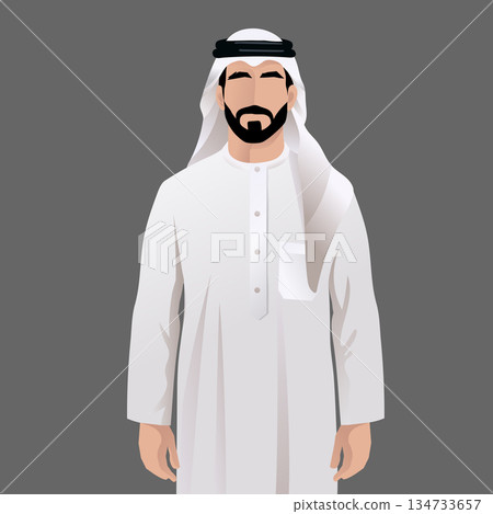Illustration of an Arab man wearing traditional white thobe and keffiyeh, representing culture, tradition, and elegance. 134733657