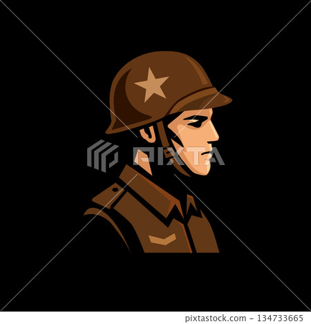 A bold illustration of a soldier in brown uniform and helmet, shown in a strong side profile, symbolizing duty, courage, and military honor. 134733665
