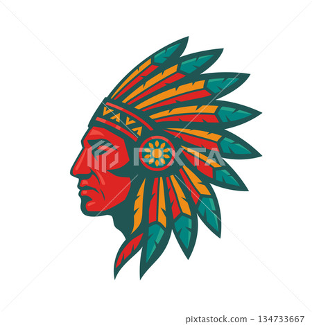 illustration of a Native American in a traditional feathered headdress, also known as a war bonnet. 134733667