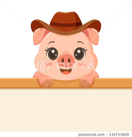 Cute smiling pig in a cowboy hat peeking over a blank sign, bringing a fun western vibe to playful farm or kids designs. Cute smiling pig in a cowboy hat peeking over a blank sign, bringing a fun western vibe to playful farm or kids designs. 134733669