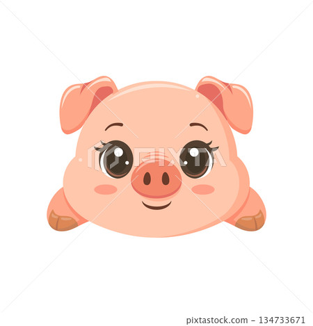 Adorable cartoon pig face with big brown eyes, pink cheeks, and a sweet smile, perfect for kids design and cute animal art. Adorable cartoon pig face with big brown eyes, pink cheeks, and a sweet smile, perfect for kids design and cute animal art. 134733671