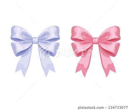Two glossy ribbon bows in pastel pink and blue, symbolizing elegance, charm, and celebration for gifts or decorations. Two glossy ribbon bows in pastel pink and blue, symbolizing elegance, charm, and celebration for gifts or decorations. 134733677