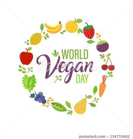Bright circular design of fruits and vegetables celebrating World Vegan Day, symbolizing health, nature, and plant-based living. 134733682