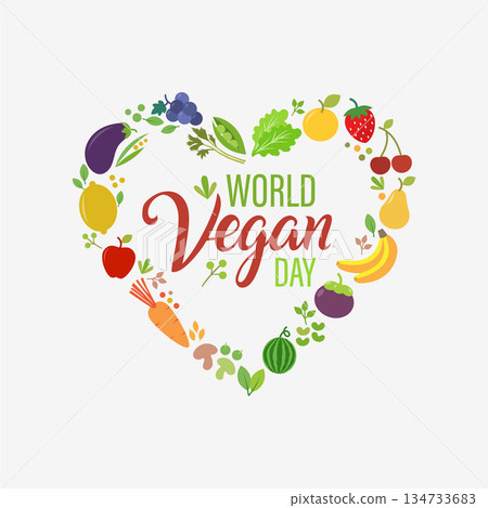 Colorful heart-shaped design made of fruits and vegetables celebrating World Vegan Day Colorful heart-shaped design made of fruits and vegetables celebrating World Vegan Day 134733683