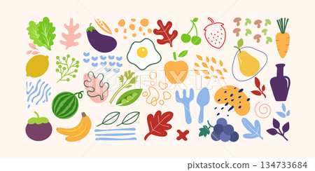 Colorful organic shapes of fruits, vegetables, and leaves forming a playful healthy food pattern in modern flat illustration style. Colorful organic shapes of fruits, vegetables, and leaves forming a playful healthy food pattern in modern flat illustration style. 134733684