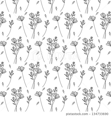 Seamless black and white floral pattern with delicate line art flowers and leaves 134733690